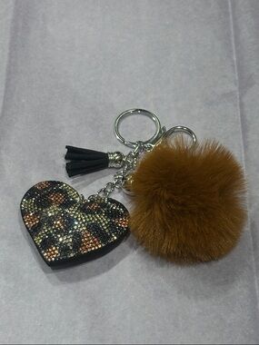 Faux Fur Pom & Crystal Heart Keychain - Brown